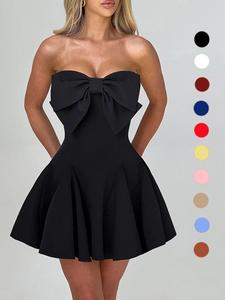Women's Bow Decor Backless Tube Dress, Fashion Casual Strapless Fit and Flare Dress for Daily Outdoor Wear, Women Dress for Spring Fall
