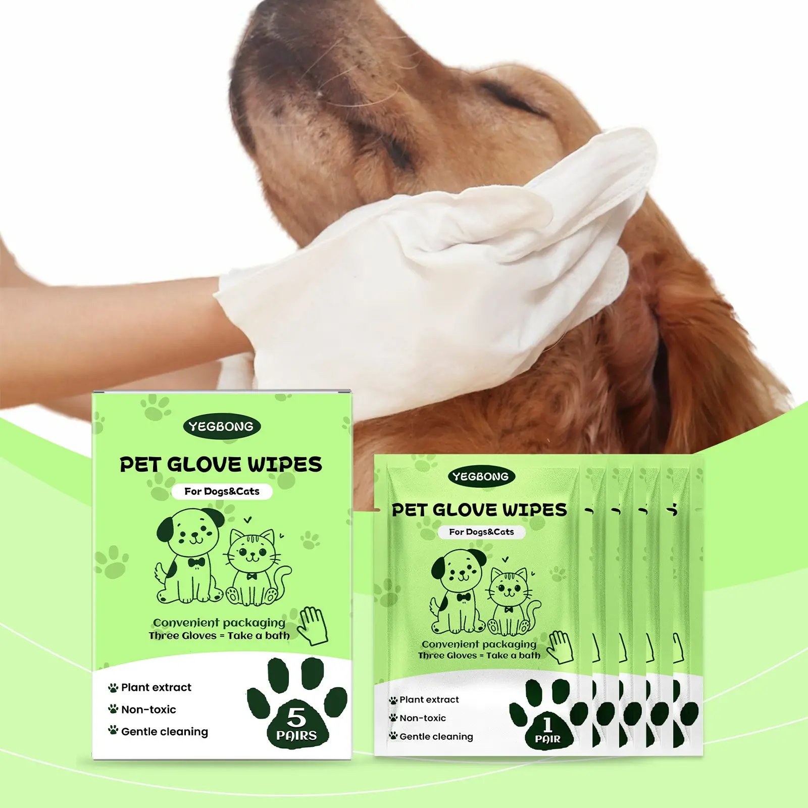 Pet Glove Wipes for Dogs & Cats,Hypoallergenic Pet Wipes Disposable No-Rinse Grooming,5PCS