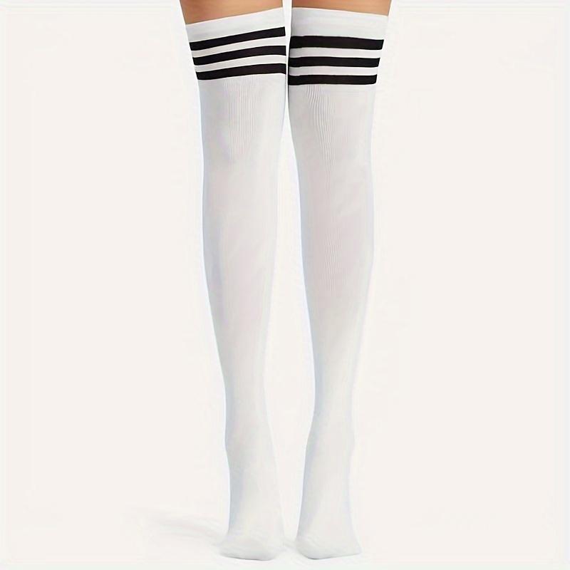 [Pair of Classic Knee-High Socks] A Pair of Classic Black And White Knee-High Socks with Three Stripes, Stylish And Versatile. 2