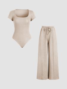 Women's Solid Square Neck Ribbed Bodysuit & Drawstring Waist Wide Leg Pants Set, Summer Clothes, Co ord Set Summer, Casual Fashion Outfits, Summer Sets