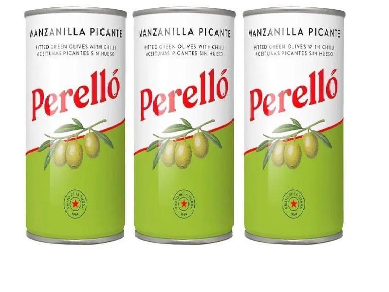 Spanish Manzanilla Pitted Green Spicy Olives, 150g (Pack of 3) Salt Food