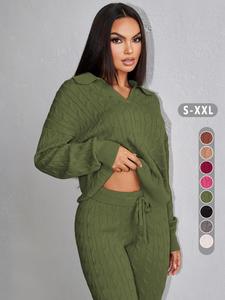 Two-piece Set Women's Solid Color Twisted Texture Drop Shoulder Sweater & Drawstring Waist Pants, Casual Fashion Cozy Knitwear Set for Daily Outdoor Wear, Outfits 2 Piece Set, Women Knitwear for Fall & Winter