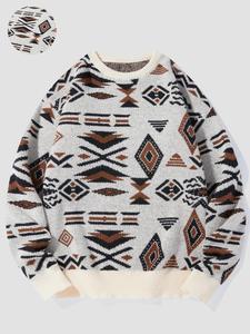 Men's Geometric Print Drop Shoulder Sweater, Regular Fit Casual Long Sleeve Round Neck Jumper for Fall & Winter, Fashion Men's Knitwear for Daily Wear
