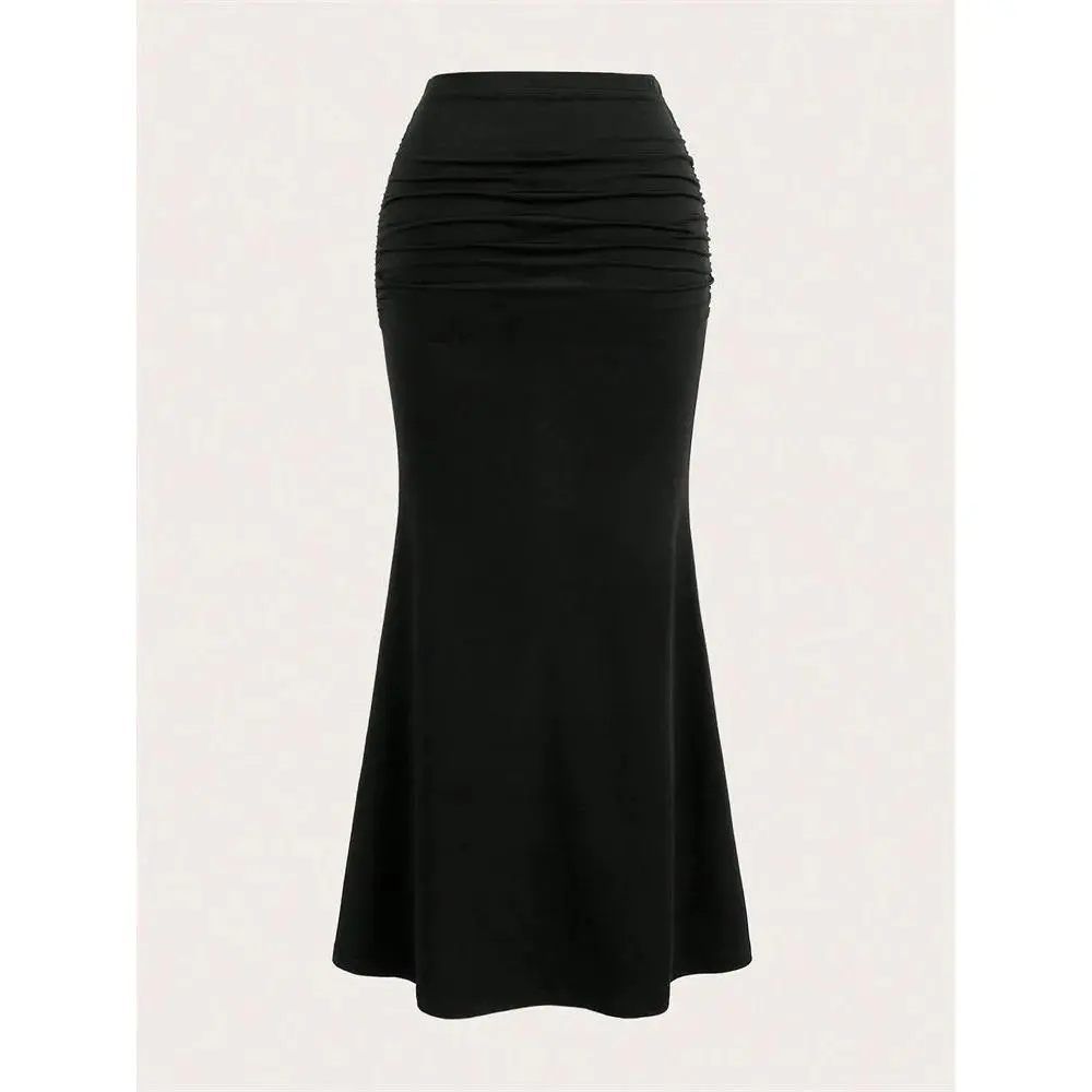 Solid Bodycon Ruched Long Skirt Women Sexy Black Elastic Elegant High Waist Mermaid Maxi Skirts Summer Streetwear