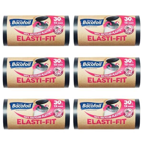 Bacofoil Elasti-Fit Bin Liners - 30L Recycled bin bags, 6 Rolls (72 Bags) - Leak-Proof, Elastic Fastening for Secure Fit - Made from 100% Recycled Plastic - Eco-Friendly Waste Disposal. 0