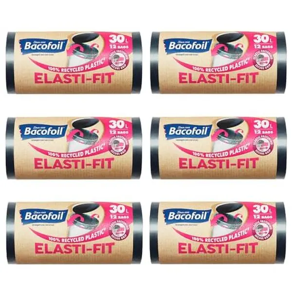 Bacofoil Elasti-Fit Bin Liners - 30L Recycled bin bags, 6 Rolls (72 Bags) - Leak-Proof, Elastic Fastening for Secure Fit - Made from 100% Recycled Plastic - Eco-Friendly Waste Disposal. 0