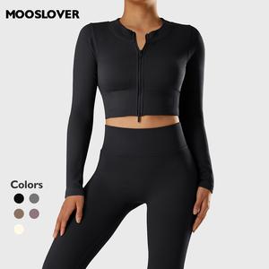 Mooslover UK Women's Ribbed  Running Sports Jacket Yoga Long Sleeve Full Zip Gym Tops