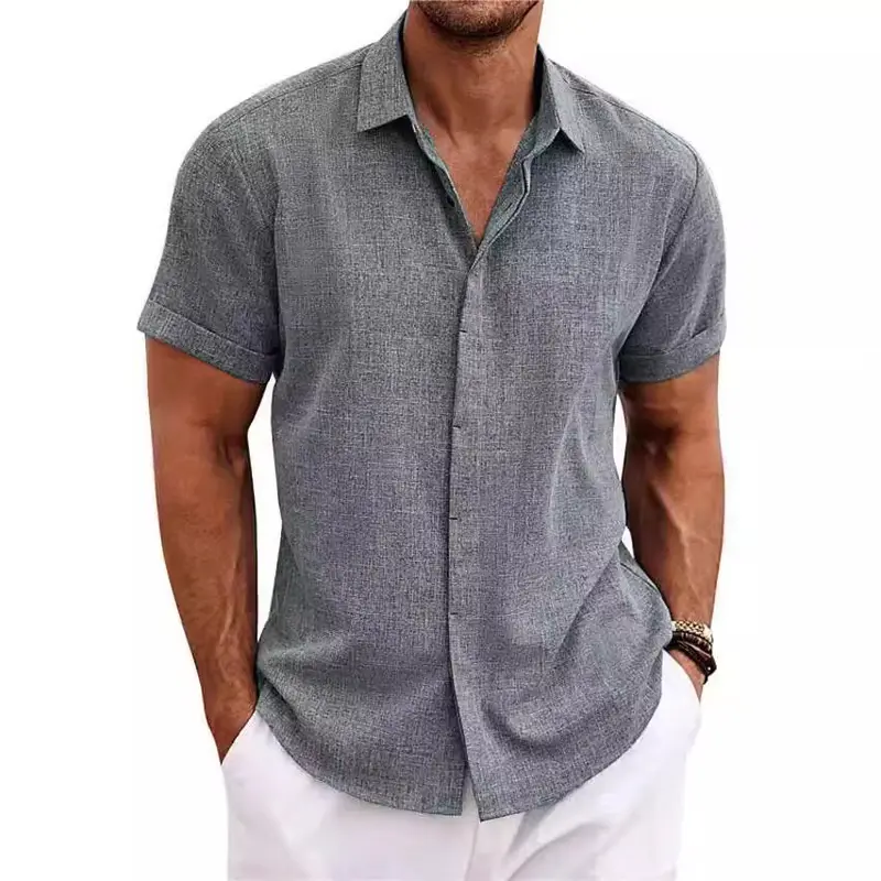 Men's Linen Shirts Short Sleeve Casual Shirts Button Down Shirt for Men Beach Summer Wedding Shirt Menswear Tops 4
