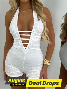 Women's Floral Pattern Contrast Lace Backless Halter Neck Romper, Fashion Lace Up Sleeveless Skinny Romper for Daily Outdoor Wear, Women's Slim Rompers for Summer, Womenswear, Jumpsuit, Athletic Workout Romper