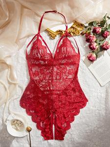 Women's Solid Backless Sheer Lace Sexy Lingerie Bodysuit, Romantic Adjustable Strap Scallop Trim Bodysuit, Women's Sleepwear for All Seasons