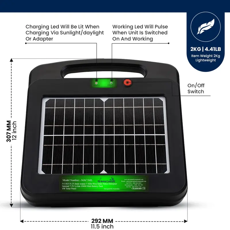 My Animal Command Solar Powered Electric Fence Charger 5 Km 0.25 Joules Output (9-11KV) Electric Fence Energizer Containment & Protection of Livestock, Horses, Cattle Sheep, Pets Easy Installation 4