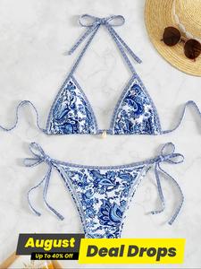 Women's All Over Print Bikini Set, Chic Halter Neck Swim Bra & Tie Side Swim Thong, Ladies Swimsuit for Summer Beach Holiday Vacation, Floral Print Bikinis, Floral Bikini Bottom, Beach Bathing Suit, Swimsuits Bikinis