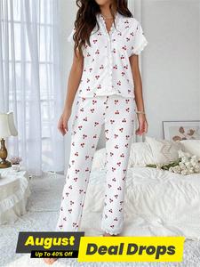 Two-piece Set Women's Cherry Print Lace Trim Top & Pants Pyjama, Casual Comfy Short Sleeve Top & Trousers Set, Ladies Sleepwear for All Seasons, Pyjamas for Women, Lounge Set for Women, Summer Loungewear, Womenswear, Shortsleeve Pjs