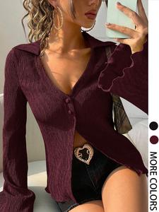 Women's Solid Color Bell Sleeve Blouses, Casual Elegant Long Sleeve Top for Daily Wear, Ladies Clothes for All Seasons