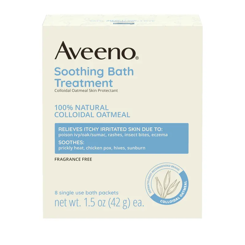 Aveeno Fragrance Free Soothing Bath Treatment, 100% Natural Colloidal Oatmeal, Sensitive Skin Bath Soak for Relief of Dry, Itchy, Irritated Skin Due to Eczema & Hives, Bath Packets, 8 ct. 0