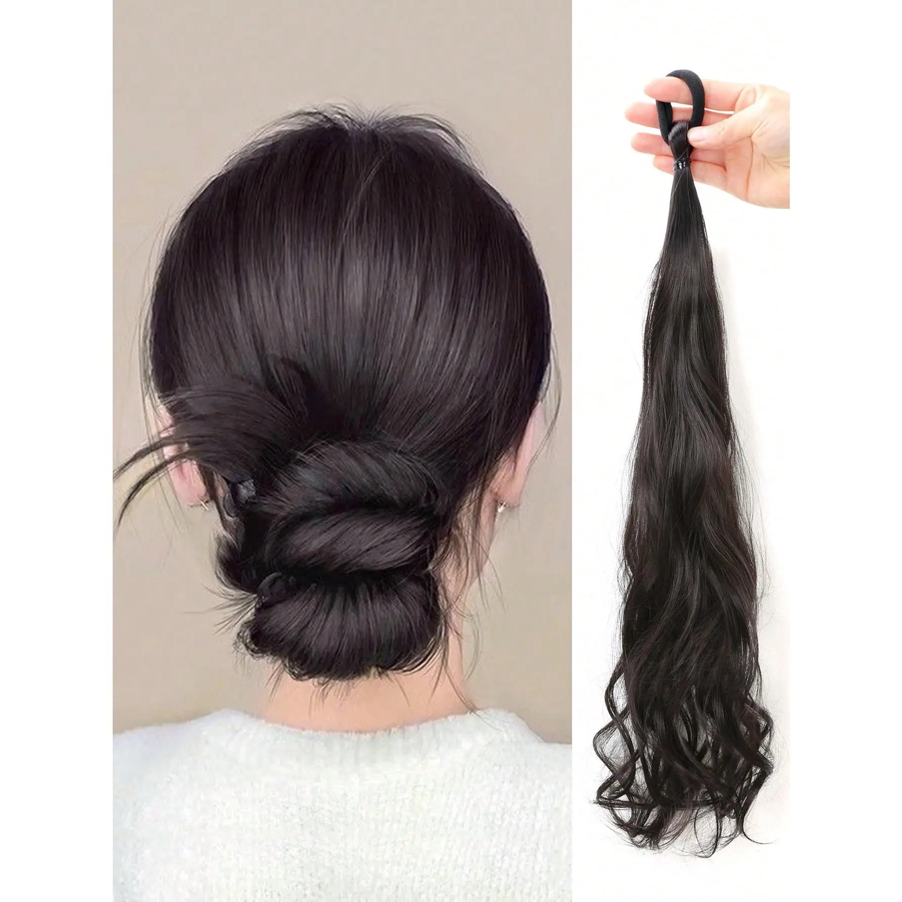 1pc Synthetic Hair Extension Wrap Around Ponytail Bun Hairpiece, Approximately 20 Inches. Messy Curly Elastic Hair Tie Bowknot Bun And Updo Hair Extensions, Suitable For Women's Everyday Wear - Brown-Black