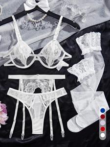 Women's Sheer Floral Lace Sexy Lingerie Set, Elegant Soft Comfortable Breathable Cut Out Bra & Garter Belt & Thong & Stockings for Daily Wear, Women's Lingerie & Underwear Set for All Seasons