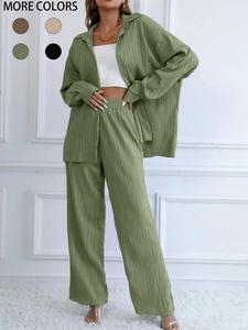 Two-Piece Set Women's Solid Textured Button Front Shirt & Straight Leg Pants, Casual Drop Shoulder Long Sleeve Collared Top & Elastic Waist Trousers for Spring & Fall, Women's Clothes for Daily Wear