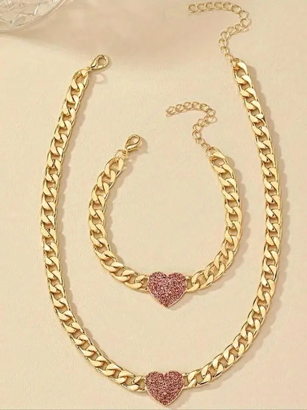 Women's Elegant Rhinestone Decorated Heart Design Necklace & Bracelet Set, Exquisite Trendy Chain Design Jewelry Set, Fashionable Jewelry Set As Gift for Women Gifts For Girlfriend, Valentine's Day, Gift 6