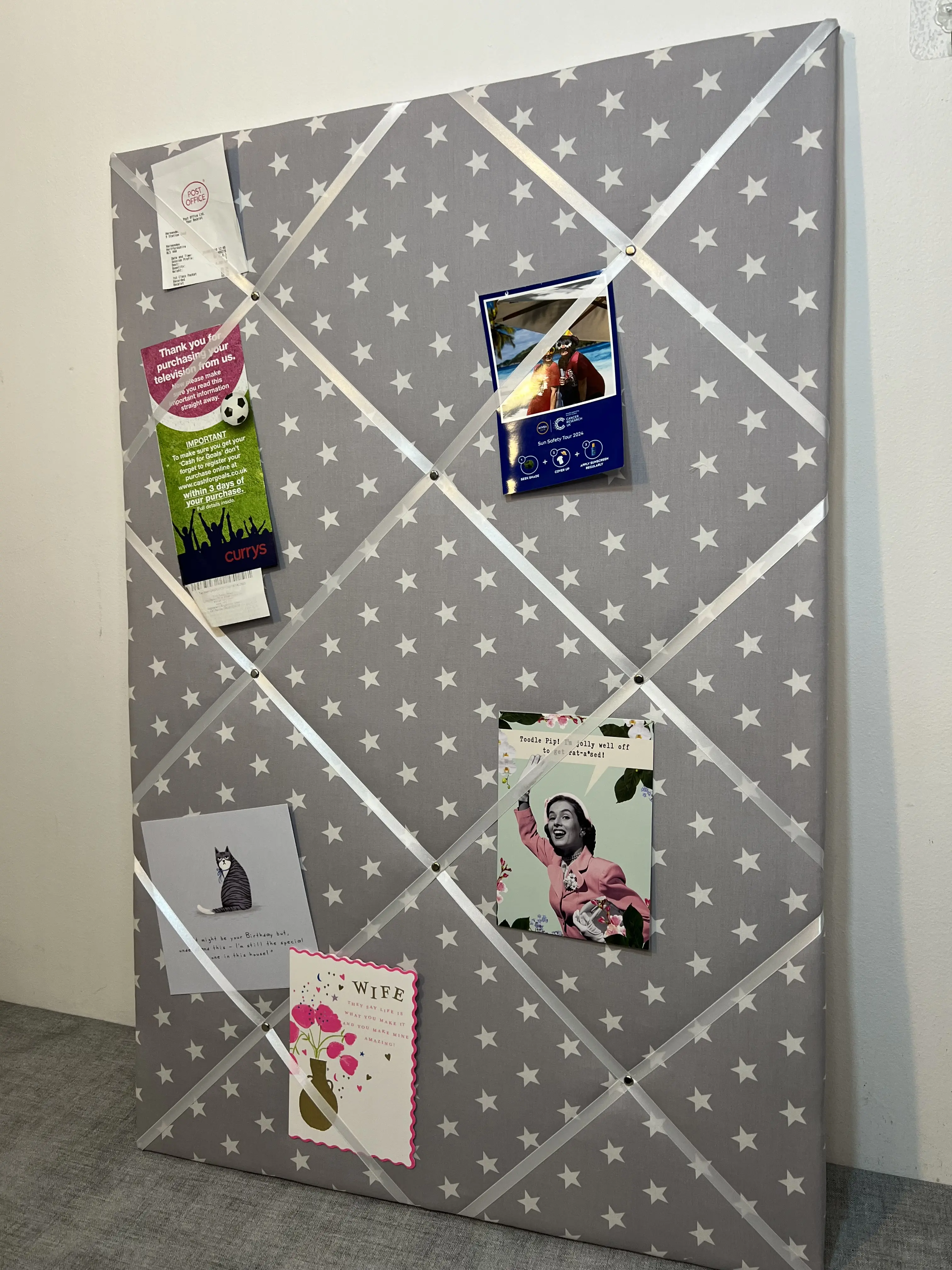 Dark Grey & White Star Fabric Notice Board | French Memo Ribbon Bulletin Board, Perfect for Photos, Notes, To-Do Lists | Custom Handmade Gift