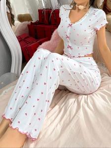 Women's Heart Print Tee & Pants Pyjama Two-piece Set, Casual Comfy Short Sleeve T-shirt & Trousers Pj Set, Ladies Summer Sleepwear