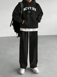 Men's Letter Print Drawstring Hoodie & Sweatpants Set, Casual Loose Long Sleeve Pocket Hooded Sweatshirt & Pants, Two-piece Outfits for Men