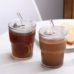 360ml Transparent Stripe Glass Water Cup with Straw & Lid, 1/2/4 Counts Glass Drinking Cup with Straw & Lid, Summer Cool Bottle Straw Drinking Cup for Home Office Use, Drinking Glassware