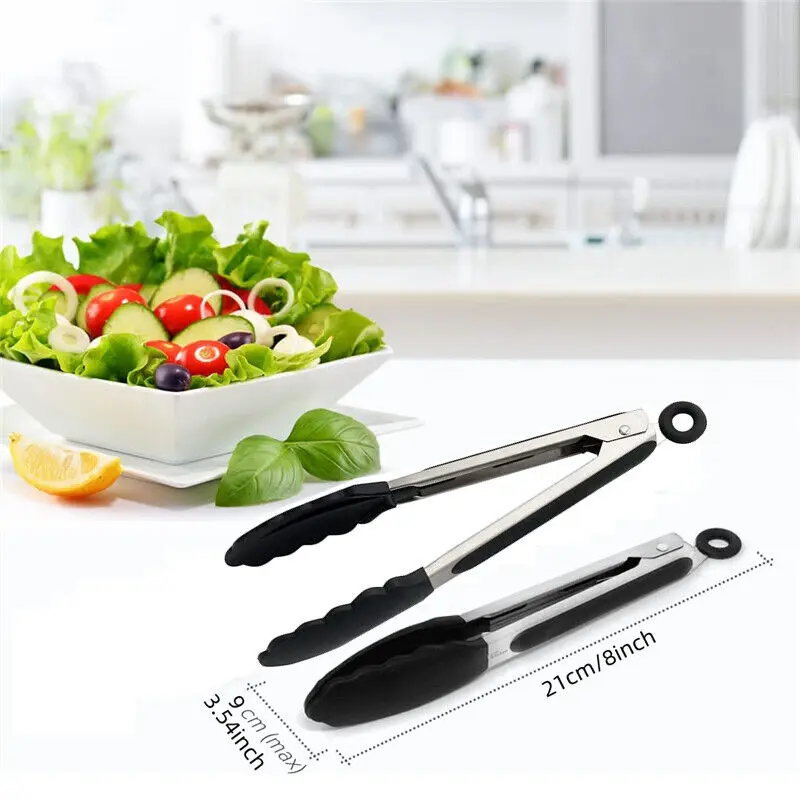 2X Kitchen Cooking Tongs Salad Serving Barbecue tools Stainless Handle Utensil 3