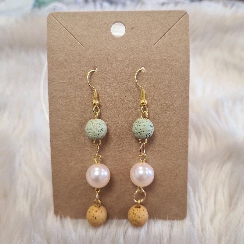 Boho Chic Gemstone Drop Earrings - Sage, Pearl & Lava N.12 1