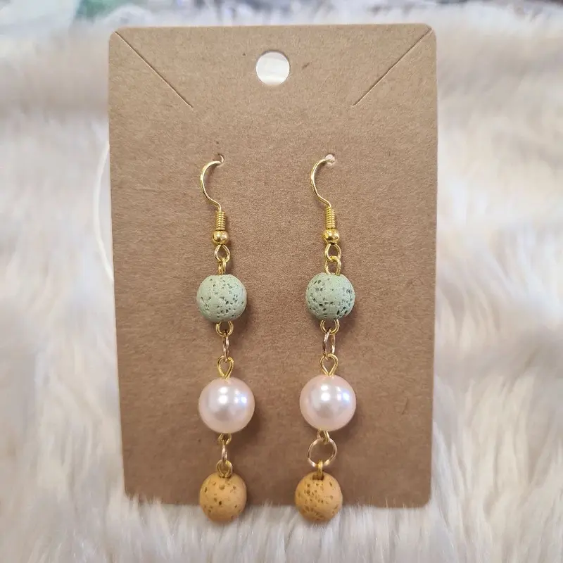 Boho Chic Gemstone Drop Earrings - Sage, Pearl & Lava N.12 0