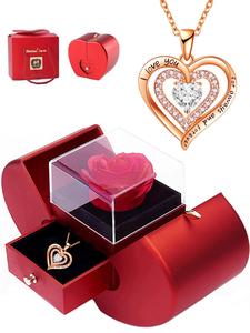 Rhinestone Heart Shaped Necklace for Women for Gift, Summer Dainty Jewellery, I Love U Rhinestone Decorated Necklace, with Flower & Gift Box, Summer Charms Jewelry As Gift, Gifts for Her