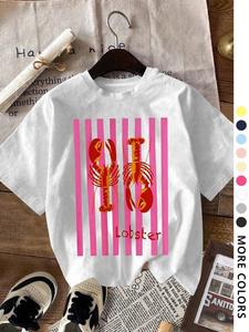 Women's Lobster Print Round Neck Tee, Casual Short Sleeve Crew Neck T-shirt for Daily Wear, Ladies Clothes for All Seasons, Top