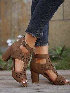 Women's Summer 2024 Fashionable Solid Color Hollowed-out Zipper High Heel Sandals, Peep Toe Sandals Chunky Heel, Ankle Strap Pumps Shoes for Party