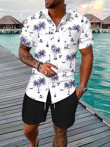 Two-Piece Set Men's Tropical Print Shirt & Shorts, Regular Fit Casual Short Sleeve Button Front Top & Shorts, Men's Summer Set for Vacation Holiday Beach, Menswear