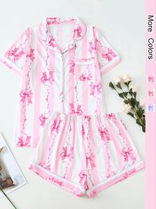 Women's Bow & Striped Print Button Front Short Sleeve Top & Elastic Waist Shorts Pajama Set, Casual Comfy Two-piece Pj Set, Ladies Sleepwear for All Seasons, Nightwear, Pajamas, Cute Loungewear, Womenswear