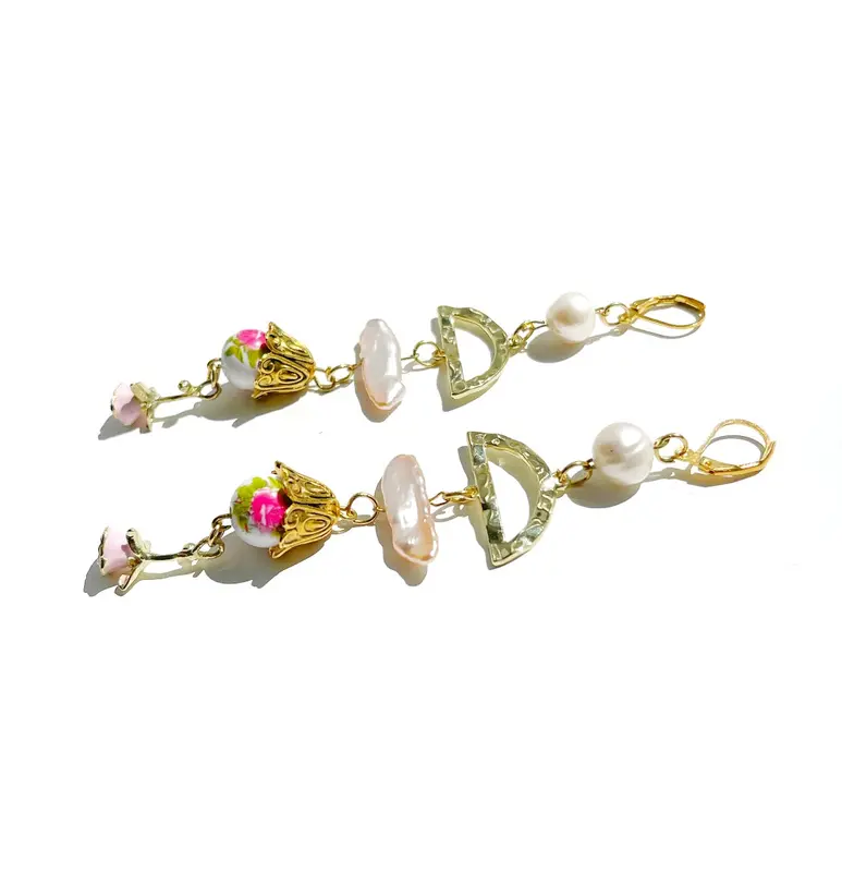 Pearl drop earrings with rose flower charm, white freshwater pearl dangle earrings, statement earrings, summer earrings 3