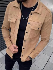 Men's Solid Color Button Front Pocket Suede Jacket, Regular Fit Casual Long Sleeve Collared Outerwear for Spring & Fall, Fashion Men's Clothes for Daily Wear