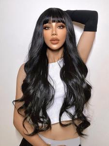 Long Body Wave Wigs for Women, Gorgeous Fluffy Glueless 180% Density Wigs with Blunt Bangs, Human Hair Full Machine Wigs for Party, Daily Use