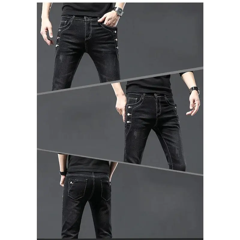 Classic Slim Vintage Fashion Men's Designer Jeans Snowflake Grey Wash Korean Fashion Stretch Pants Multi-button Denim Trousers 7