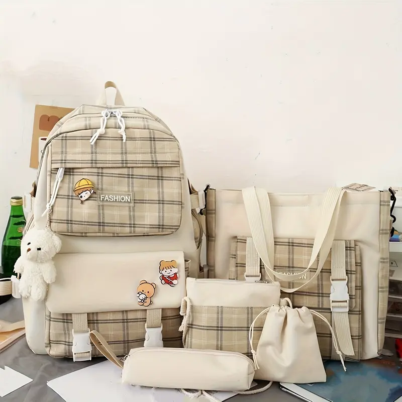 5pcs New Fashionable Plaid Cloth Contrast Color Large Capacity Campus Backpack Five-piece Set with Bear Pendant 7