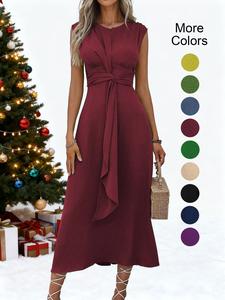 Women's Sleeveless Round Neck Solid Color Dress, Slimming Design, Waist-Cut A-Line, Perfect for Casual & Commuting Wear