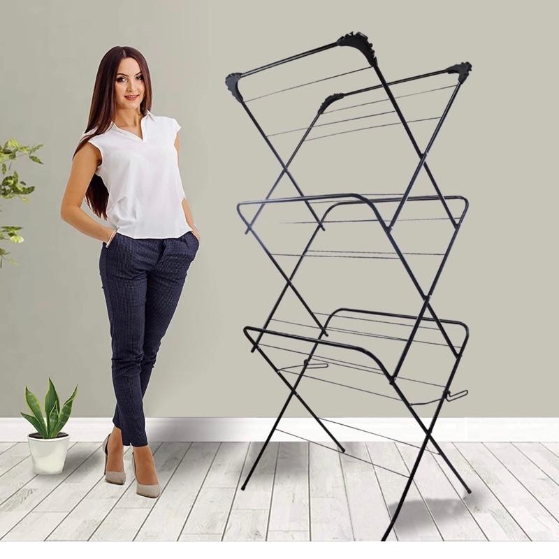 3 Tier Clothes Airer Drying Indoor and Outdoor Laundry Rack with Non-Slip Feet and Corner Spaces for Hangers, Flat Foldable Space Saving, 63 x 46 138 (Black) 4