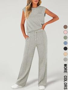 Women's Solid Tank Top & Drawstring Waist Pants Two-piece Set, Casual Sleeveless Round Neck Top & Trousers for Daily Wear, Ladies Two-piece Outfits for All Seasons, Clothes, Womenswear