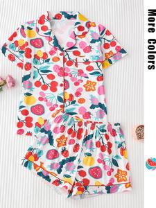 Women's All Over Fruit Print Lapel Neck Pocket Shirt & Elastic Waist Shorts Pyjama Two-piece Set, Casual Comfy Short Sleeve Button Up Top & Shorts PJ Set, Ladies Sleepwear for All Seasons