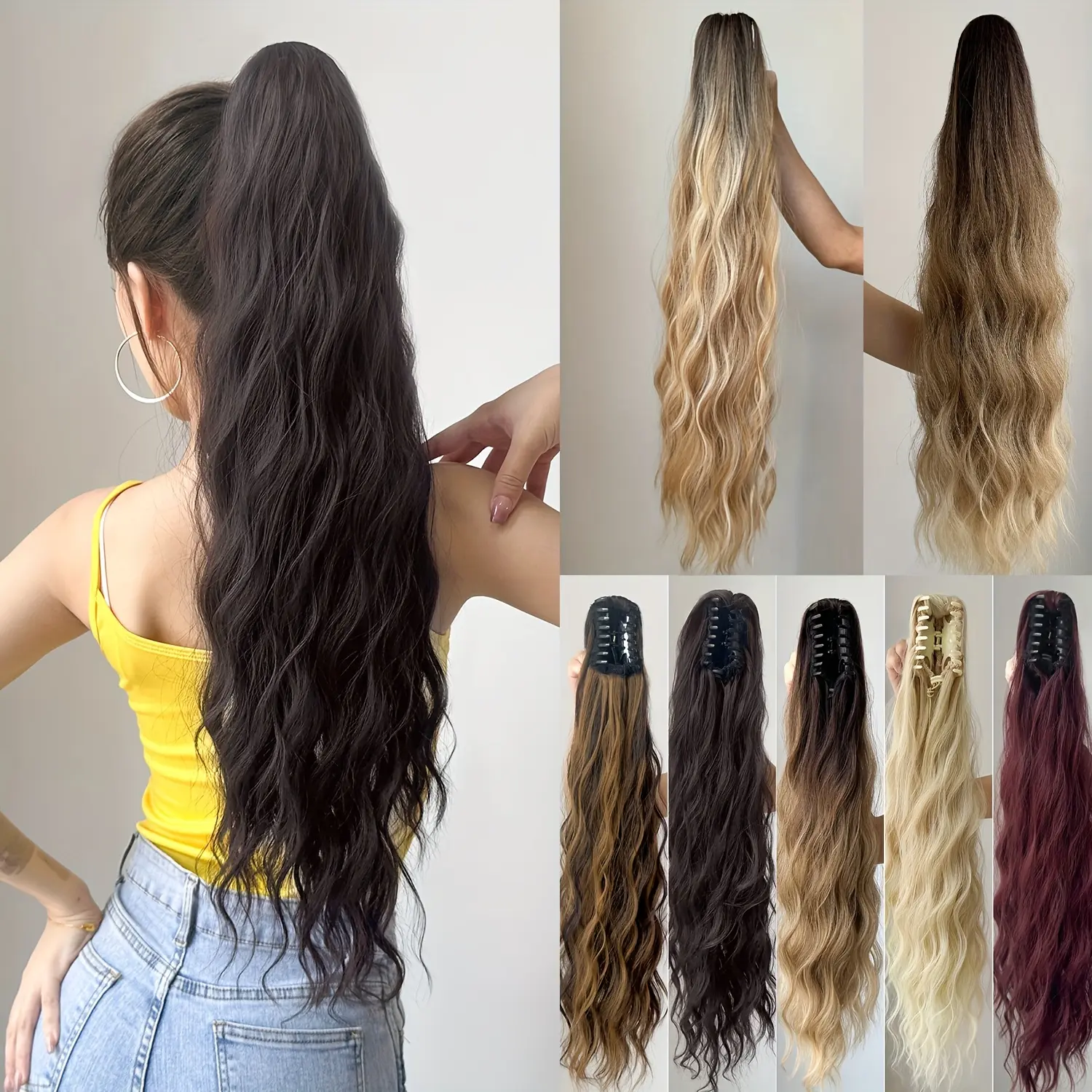 Claw Ponytail Extension 26 inch black brown Water Wave Wavy Curly Clip in Hair Extensions Soft Looking Synthetic Hairpiece for Women blonde color red color