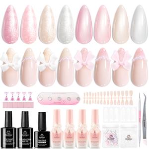 Beetles Christmas Gift Gel Nail Polish Set, Beetles X DIY Nail Songs of Ballet Nail Trend Set Pearl nail polish with Nail Charm Ribbon Bow Pearls French Stickers DIY Collection at home Salon, Cosmetic