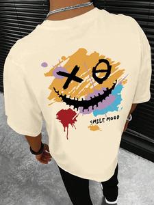 【Plus Size】Cartoon Smile Face Print Short Sleeve Graphic Tee, Casual Fashion Street Style Round Neck T-shirt for Summer, Men's Clothing for Daily Wear