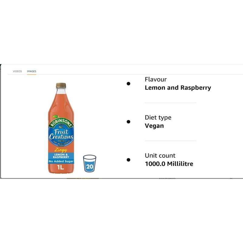 Robinsons Fruit Creations Lemon & Raspberry Squash 1L No Added Sugar Refreshing Drink 3