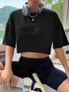 Women's Letter Print Drop Shoulder Crop Tee, Casual Streetwear Half Sleeve Round Neck T-Shirt for Daily Wear, Ladies Clothes for All Seasons