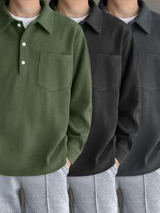 Men's Solid Corduroy Polo Shirt, Loose Casual Long Sleeve Collared Top for Fall & Winter, Men's Clothes for Daily Wear